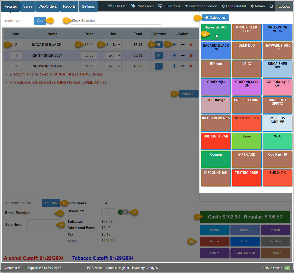 Image showing the Options tab of the Edit Item window in the BottlePOS Register and highlighting the Add to Shortcut Keys function.