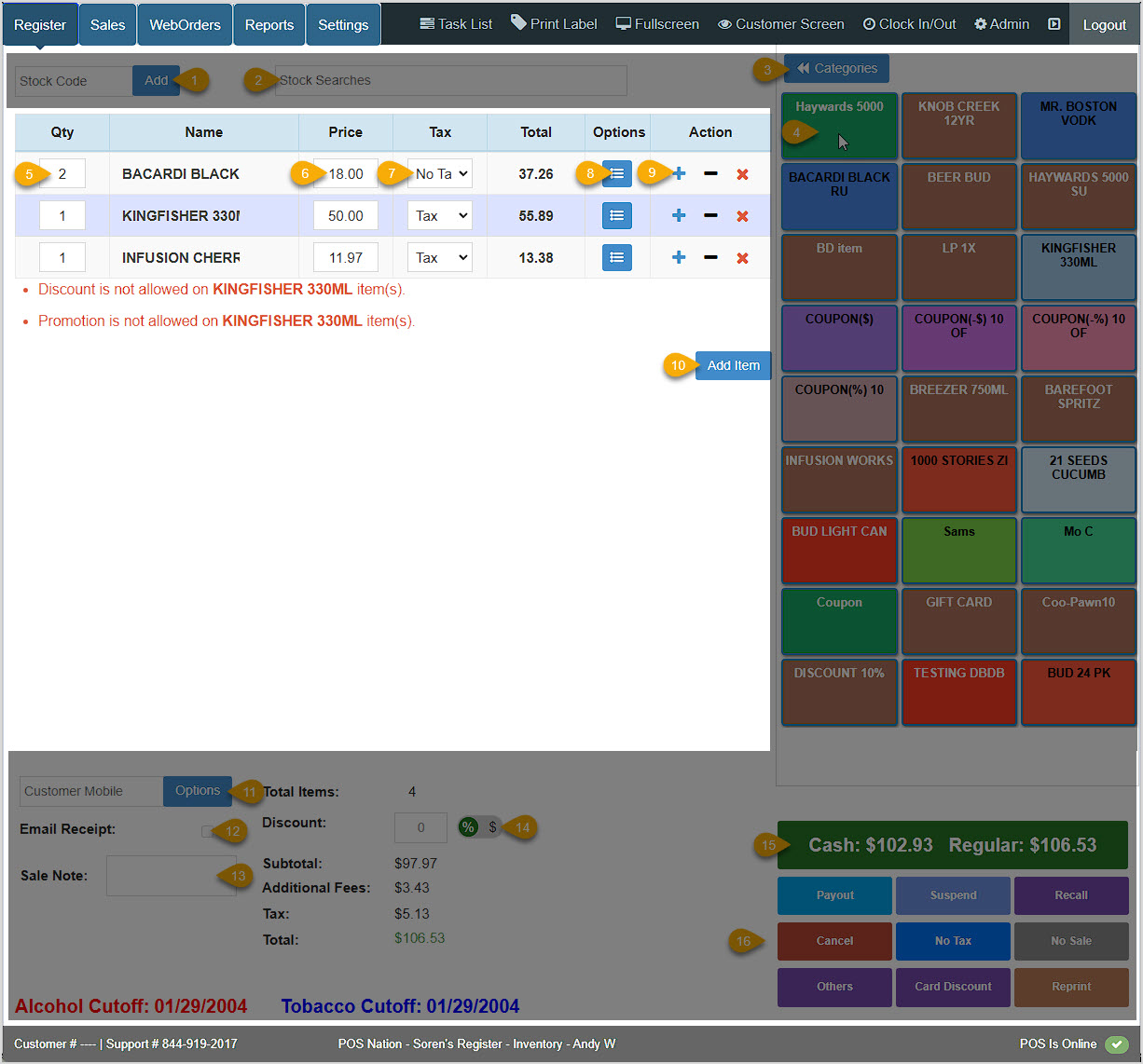 Image showing the main transaction items area of the BottlePOS Register, with numbered pointers for major functions.