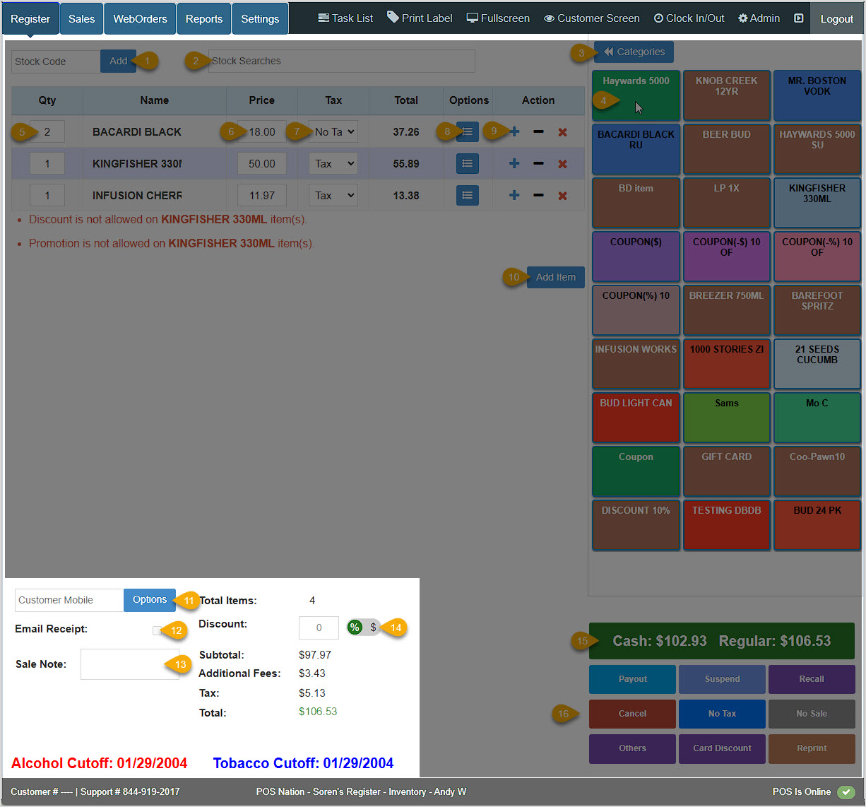 Image showing the quantity adjustment keypad in the BottlePOS Register app.
