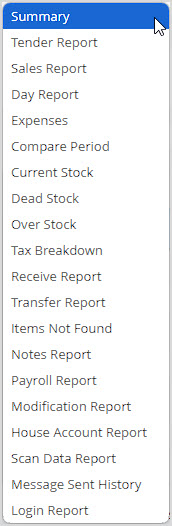 Image showing the report picker list of the Bottle POS Admin app with the Summary report highlighted.