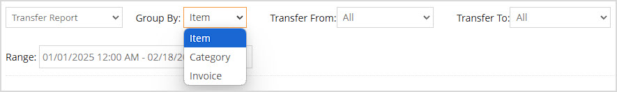 Image showing the filters of the Transfer report of the Bottle POS Admin with the Group By filter highlighted.
