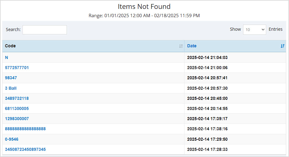 Image showing the Item Not Found report of the Bottle POS Admin.