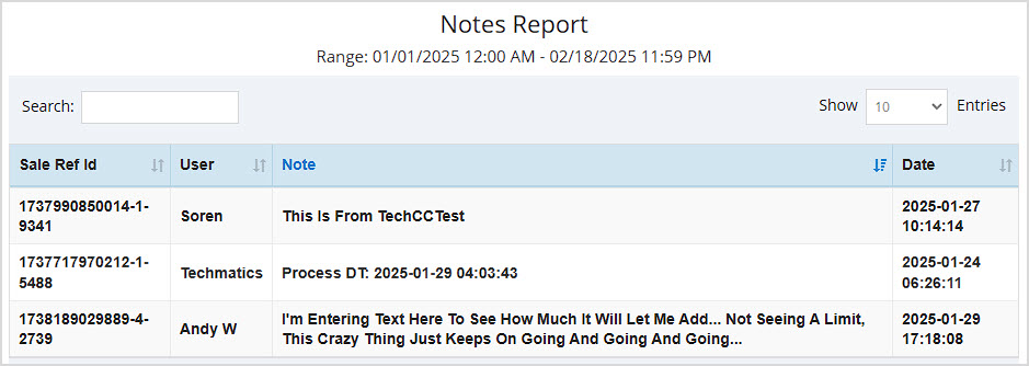 Image showing the Notes Report of the Bottle POS Admin.