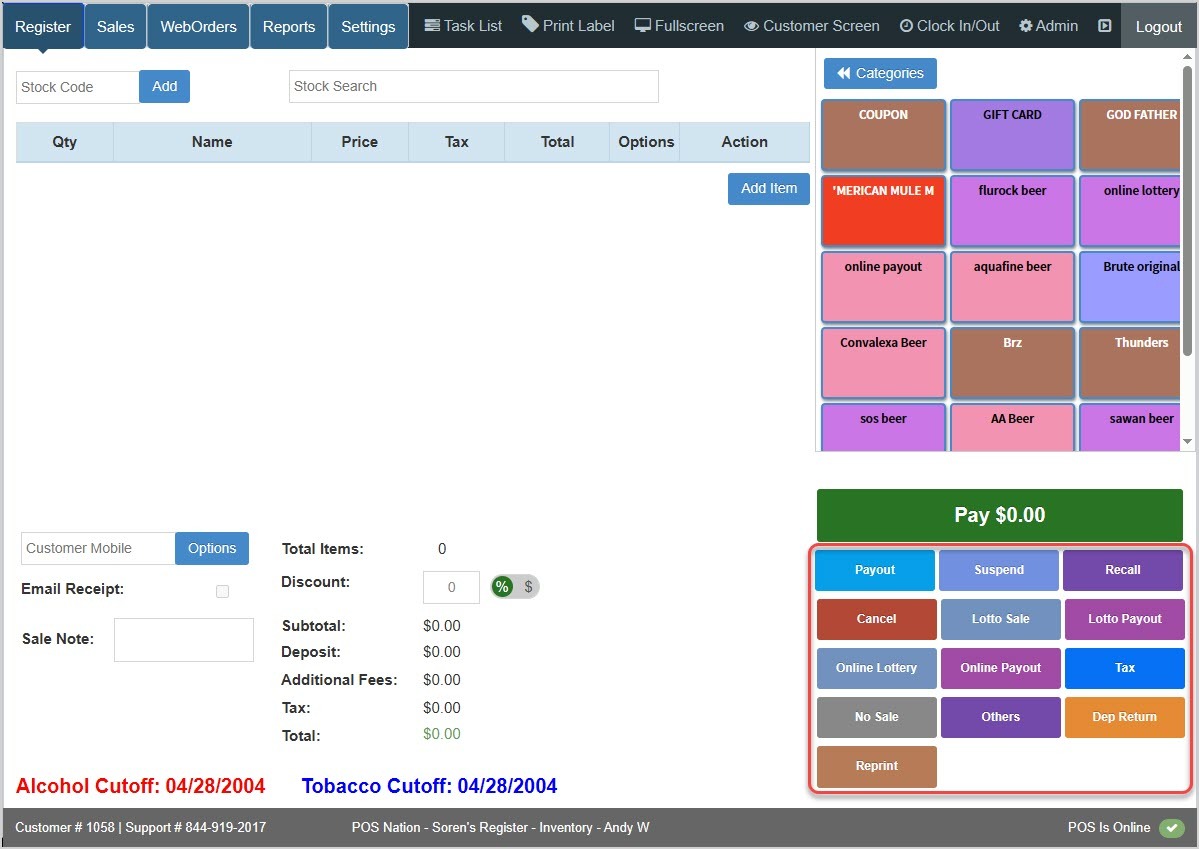 Image showing the Bottle POS Register app with the Hotkeys area highlighted in the lower right.