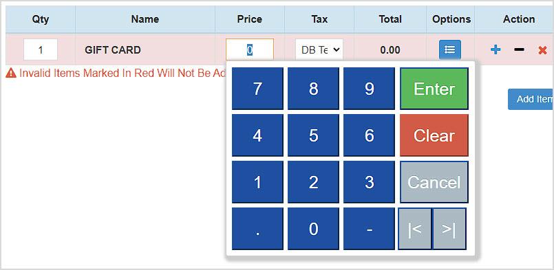 Image showing a Gift Card line item in the BottlePOS Register where the sales clerk is adding balance to the card.