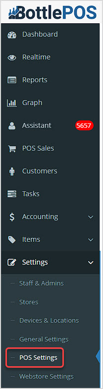 Image showing the main menu of the Bottle POS Admin app with the POS Settings link highlighted.