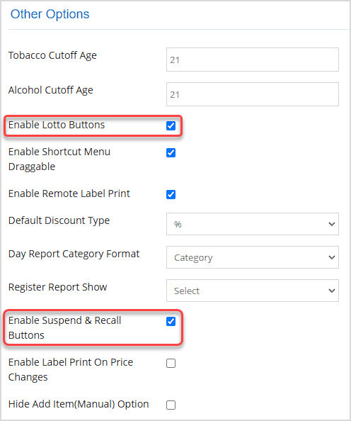 Image showing the Other Options section of the POS Settings page of the Bottle POS Admin app with Register Hotkey options highlighted.