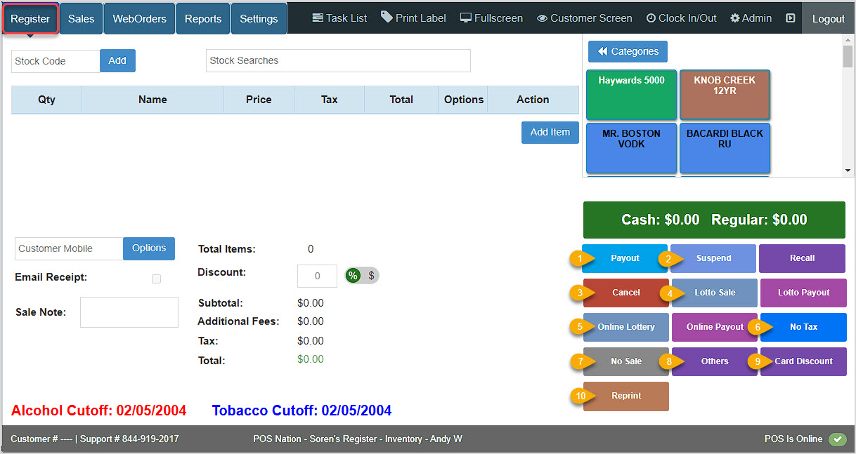 Image showing the Bottle POS Register app with Hotkey functions in the lower right highlighted.