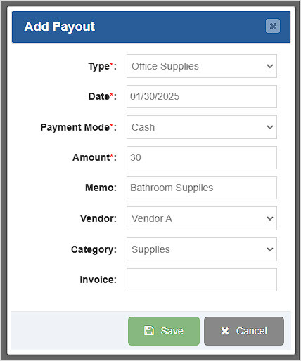Image showing the Add Payout window of the Bottle POS Register app.