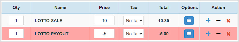 Image showing Lotto Sale and Payout items in the Bottle POS Register app.