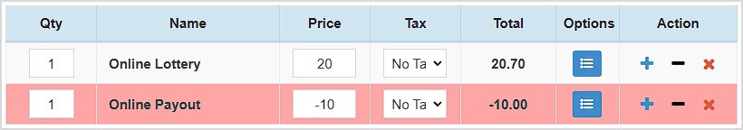 Image showing Online Lotto Sale and Payout items in the Bottle POS Register app.