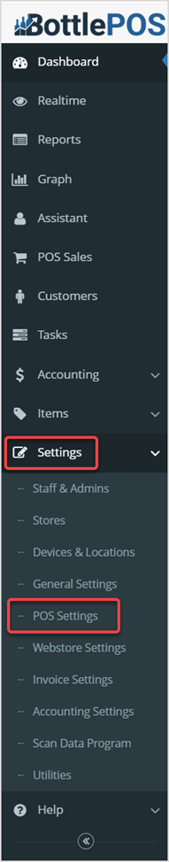 Image displaying the Settings tab and the POS settings subtab of the Bottle POS Admin main menu.