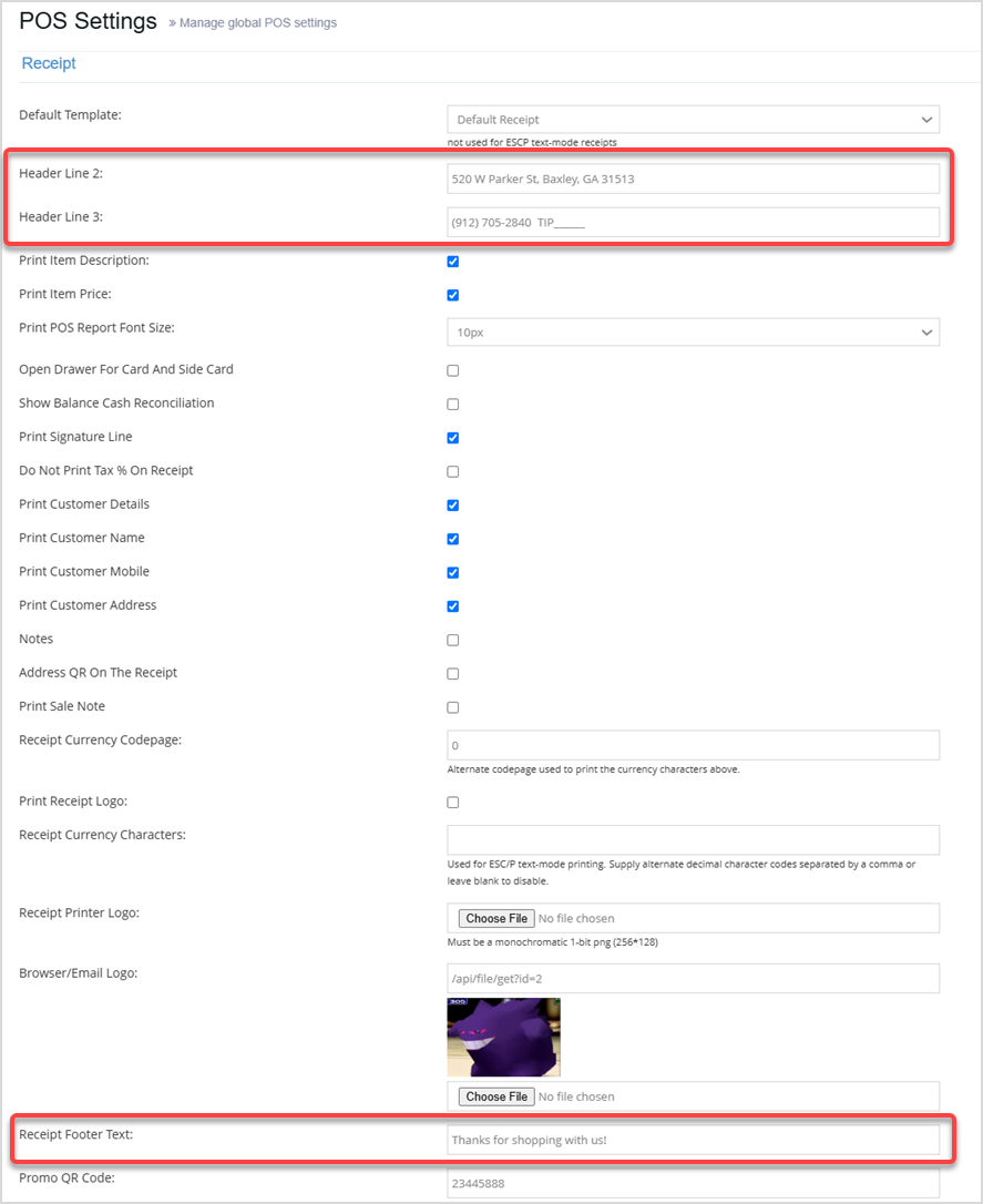 Image displaying the POS settings page of the Bottle POS Admin, highlighting the Header and Footer settings for receipts.