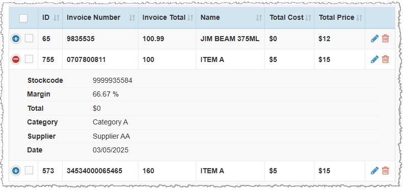 Image showing the function of the expand and collapse columns icons in the Receive Items area of the Bottle POS Admin.