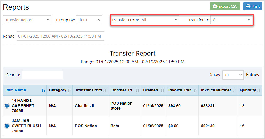 Image showing the Transfer Report page of the Bottle POS Admin with the Transfer functions highlighted.