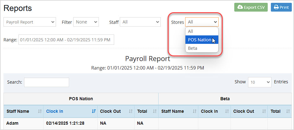 Image showing the Payroll Report page of the Bottle POS Admin with the Stores filter highlighted.