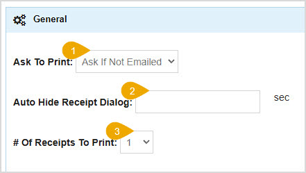 Image showing the General area of the Printing tab of the Bottle POS app Settings area.