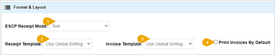 Image of the Format & Layout area of the Printing tab of the Bottle POS app Settings area.
