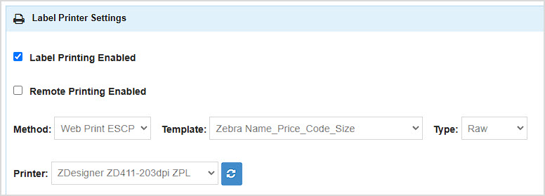 Image of the Label Printer Settings area of the Printing tab of the Bottle POS app Settings area.