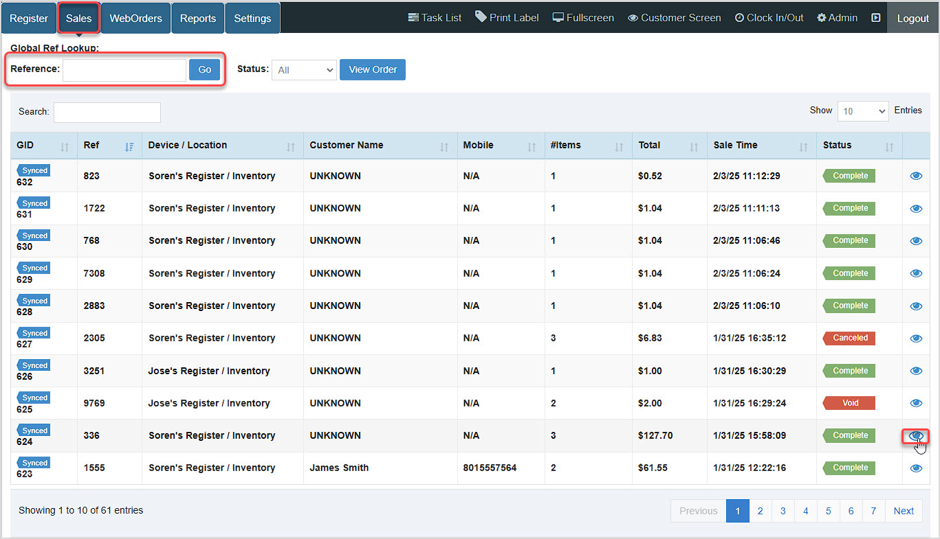 Image showing the Sales page of the Bottle POS with search and view functions highlighted.