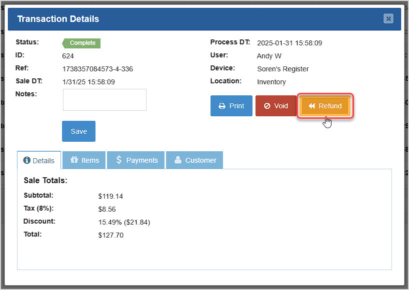 Image showing the Transaction Details window of the Bottle POS with the Refund button highlighted.