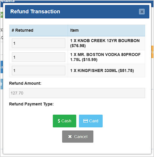 Image showing the Refund Transaction window with items and the amount being refunded in the Bottle POS.