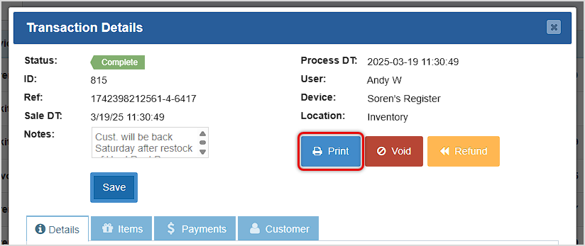 Image of the Bottle POS Registerâs Transaction Details window highlighting the Print button you can use to reprint the receipt.