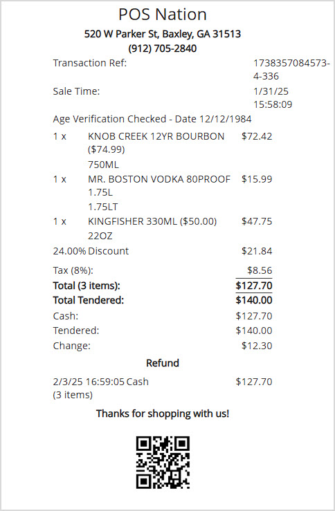 Image showing a refund transaction receipt from the Bottle POS.