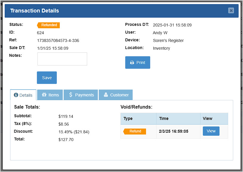 Image showing a refund transaction in the Transaction Details window of the Bottle POS.
