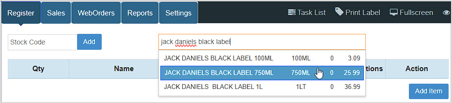 Image showing the Bottle POS Register with an item search with multiple results and the user is highlighting one result.