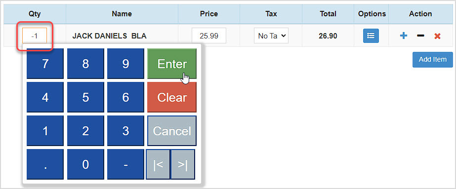 Image showing an item in the Bottle POS Register being given a negative quantity to return the item.