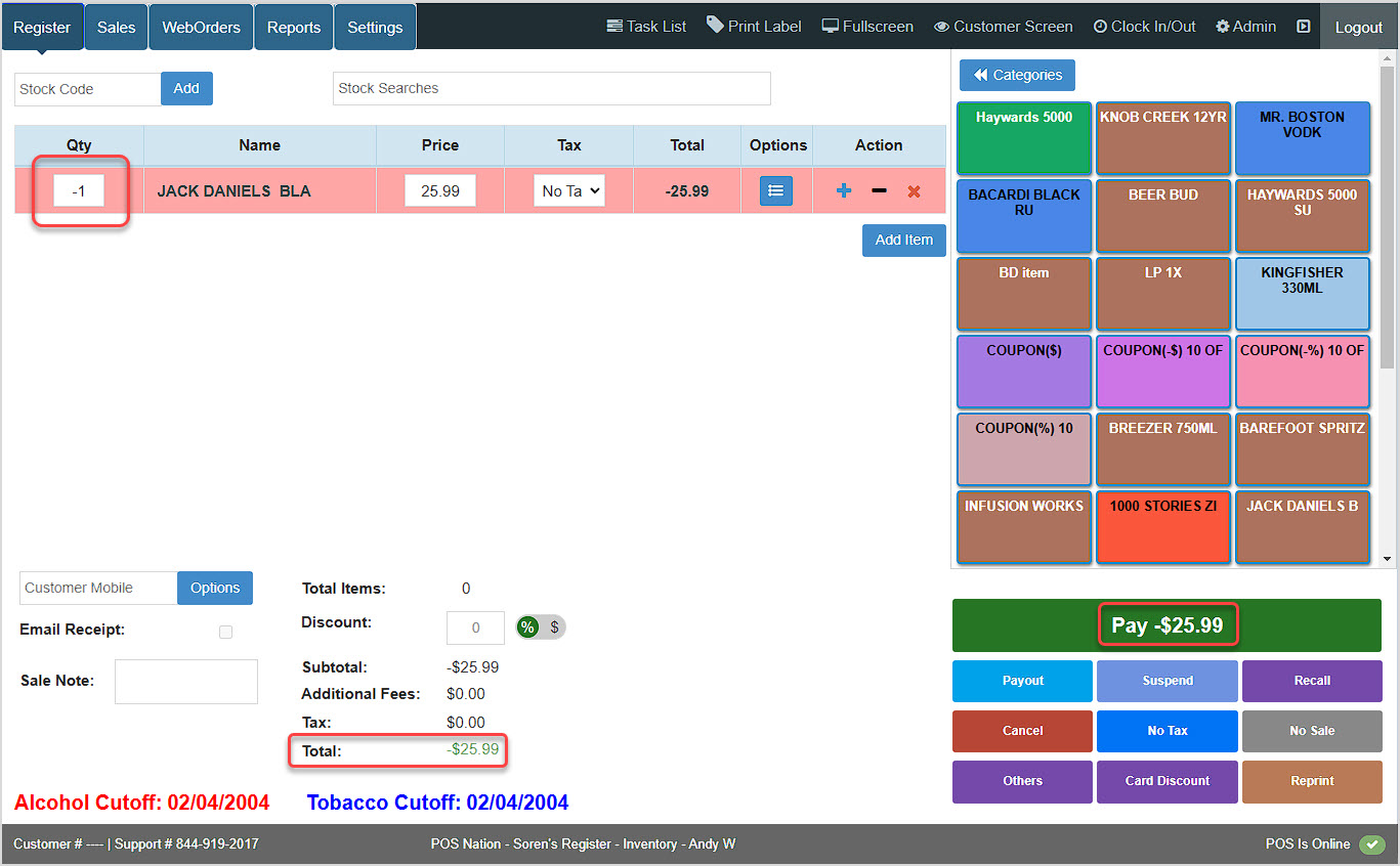 Image showing the Bottle POS Register with an item being returned and the refund amount highlighted on the checkout button.