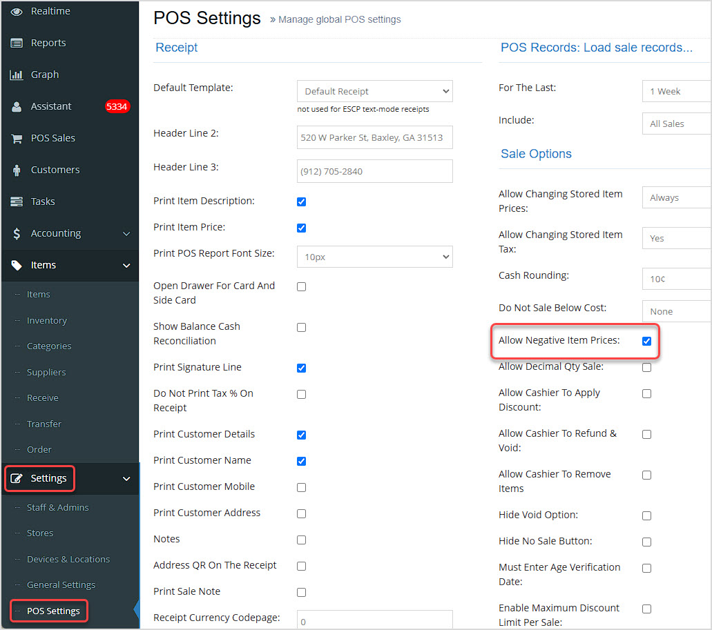 Image showing the POS Settings page of the Bottle POS Admin with the Allow Negative Item Prices setting highlighted.