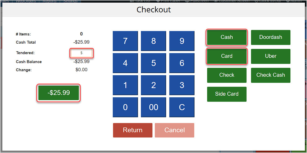 Image showing the Checkout window of the Bottle POS Register with payout options for a manual register return.