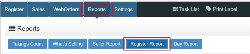 Image displaying how to get to the Register Report page of the Bottle POS, Reports > Register Report.