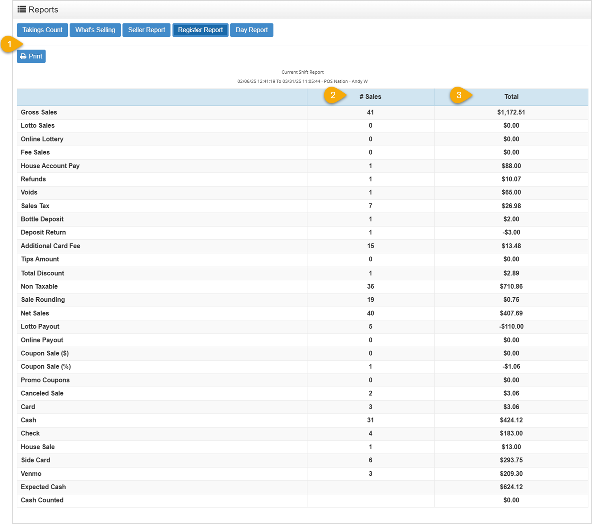 Image displaying the Register Report page on the Reports tab of the Bottle POS.