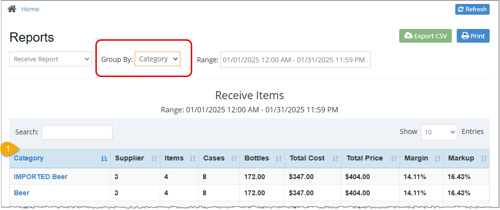 Image showing the Receive Items report of the Bottle POS Admin app grouped by Category.