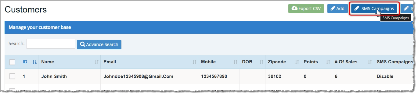 Image showing the Customers page of the Bottle POS Admin app with the SMS Campaigns button highlighted.