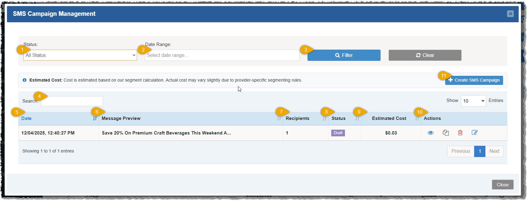 Image showing the SMS Campaign window of the Bottle POS Admin app.
