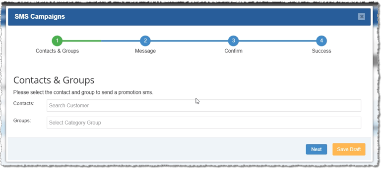 Image showing the first step of the messaging assistant process for creating and sending an SMS Message Campaign in the Bottle POS Admin app.