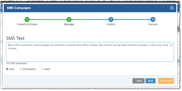 Image showing the message composition step of the SMS Campaign creation process in the Bottle POS Admin app..