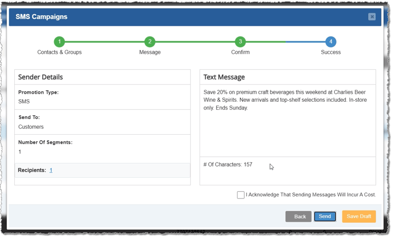 Image showing the message confirmation step of the SMS Campaign creation process in the Bottle POS Admin.