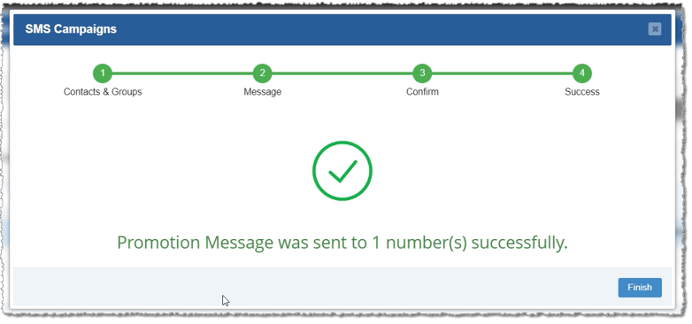 Image showing the message successfully sent step of the SMS Campaign creation process in the Bottle POS Admin.