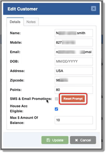Image showing the Reset Prompt function in the Edit Customer window of the Bottle POS Admin.
