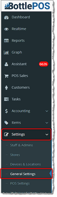 Image showing the Settings area of the Bottle POS Admin app's main menu with General Settings highlighted.