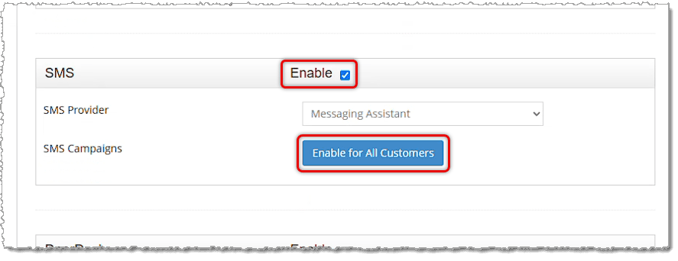 Image showing the SMS section of the General Settings page of the Bottle POS system with key features highlighted.