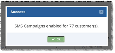 Image showing a popup window listing the count of customers for whom Bottle SMS was activated.