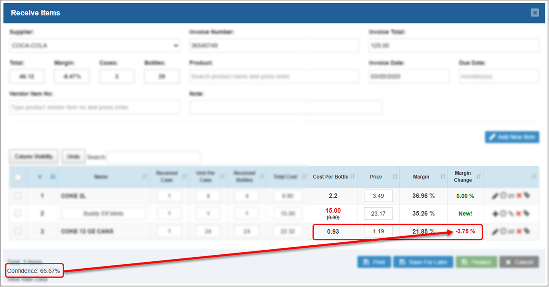 Image showing the confidence ratings of received items when working to finalize a received invoice in the Receive Items area of the Bottle POS.