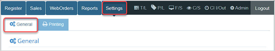 Image showing the upper area of the Bottle POS app with the General tab of the Settings area highlighted.