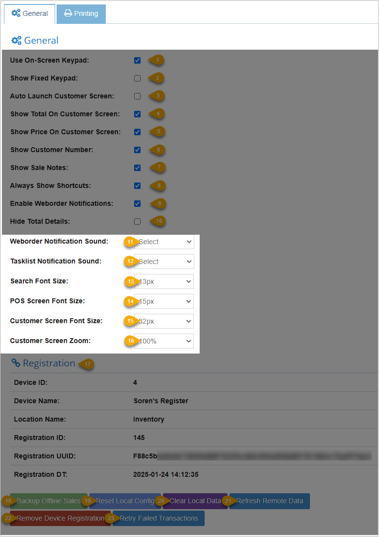 Image showing the General Settings tab of the Bottle POS app's Settings area with middle settings highlighted.